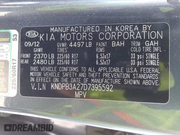 2013 Kia Sportage LX with VIN KNDPB3A27D7395592, listed as a IAAI auction lot 42102273 with 87,991 mi miles and . Bid and sale history available at DreamBid. Image 9.