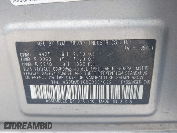 2012 Subaru Legacy Limited с VIN 4S3BMBJ60C3004032, выставлен на аукционе IAAI как лот 42034991 с пробегом 273 603 миль миль и . История ставок и продаж доступна на DreamBid. Изображение 9.