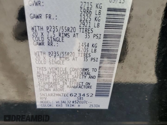 2014 Nissan Pathfinder SL with VIN 5N1AR2MN7EC623452, listed as a Copart auction lot 59313635 with 172,590 mi miles and Salvage title. Bid and sale history available at DreamBid. Image 13.