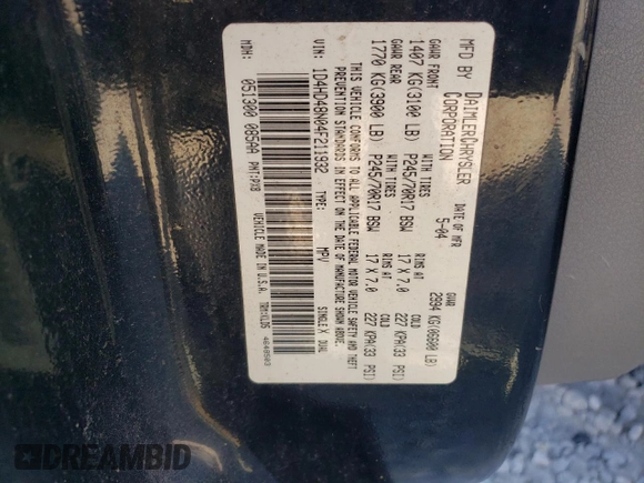 2004 Dodge Durango SLT with VIN 1D4HD48N04F211932, listed as a Copart auction lot 80087524 with 244,552 mi miles and Salvage title. Bid and sale history available at DreamBid. Image 13.