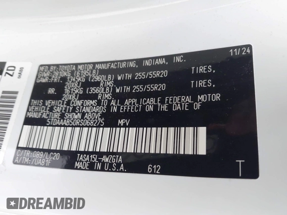 2024 Toyota Highlander XLE z VIN 5TDAAAB50RS068275, wystawiony jako IAAI lot #42437588 z przebiegiem 5 878 mil mil oraz . Historia ofert i sprzedaży dostępna na DreamBid. Obrazek 9.