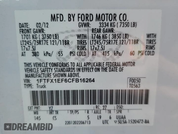 2012 Ford F-150 XL with VIN 1FTFX1EF6CFB16264, listed as a Copart auction lot 58839275 with 121,226 mi miles and Salvage title. Bid and sale history available at DreamBid. Image 12.
