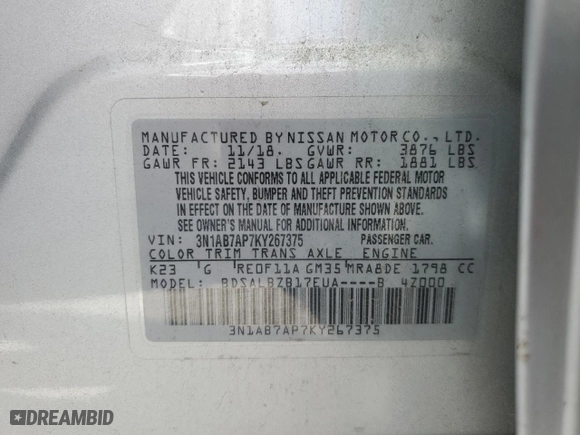 2019 Nissan Sentra S with VIN 3N1AB7AP7KY267375, listed as a Copart auction lot 46686645 with 81,036 mi miles and Salvage Title. Bid and sale history available at carsss.com. Image 14.