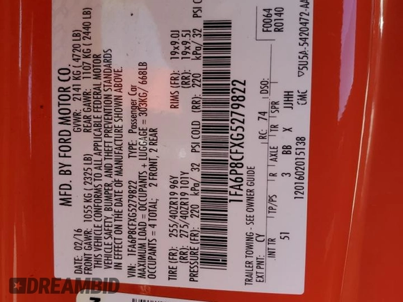 2016 Ford Mustang GT with VIN 1FA6P8CFXG5279822, listed as a Copart auction lot 52892785 with 42,872 mi miles and Salvage title. Bid and sale history available at DreamBid. Image 13.