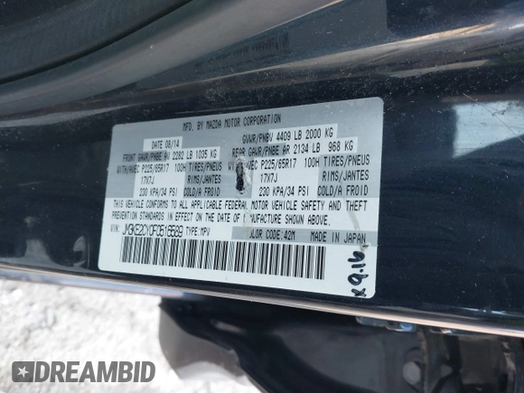 2015 Mazda CX-5 Touring with VIN JM3KE2CY0F0516589, listed as a IAAI auction lot 41707973 with 109,245 mi miles. Bid and sale history available at carsss.com. Image 9.