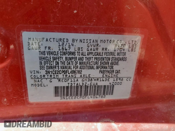 2015 Nissan Note S с VIN 3N1CE2CP0FL406782, выставлен на аукционе Copart как лот 59396995 с пробегом 221 479 миль миль и Списание • Salvage title. История ставок и продаж доступна на DreamBid. Изображение 12.