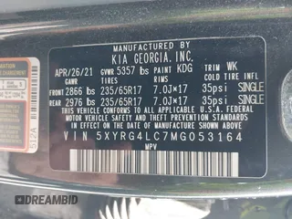 2021 Kia Sorento LX z VIN 5XYRG4LC7MG053164, wystawiony jako IAAI lot #42147600 z przebiegiem 85 481 mil mil oraz . Historia ofert i sprzedaży dostępna na DreamBid. Obrazek 9.