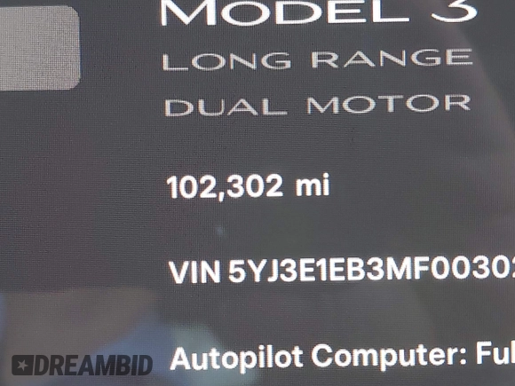 2021 Tesla Model 3 Long Range with VIN 5YJ3E1EB3MF003027, listed as a IAAI auction lot 41859036 with 102,302 mi miles and . Bid and sale history available at carsss.com. Image 16.