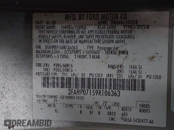 2009 Ford Fusion SE with VIN 3FAHP07159R106363, listed as a IAAI auction lot 41964993 with 167,361 mi miles. Bid and sale history available at carsss.com. Image 9.