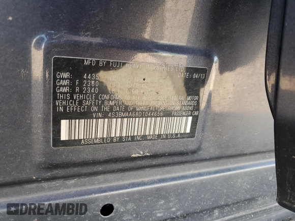 2013 Subaru Legacy 2.5i с VIN 4S3BMAA68D1044656, выставлен на аукционе Copart как лот 65748565 с пробегом 165 633 миль миль и Чистый • Clean title. История ставок и продаж доступна на DreamBid. Изображение 12.
