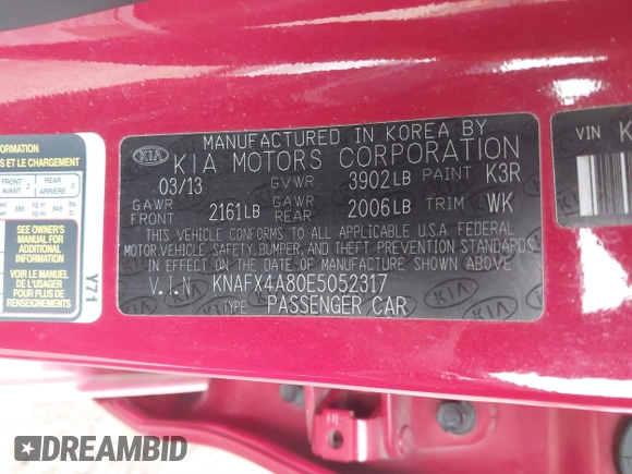 2014 Kia Forte EX with VIN KNAFX4A80E5052317, listed as a IAAI auction lot 41666942 with 65,263 mi miles. Bid and sale history available at carsss.com. Image 9.