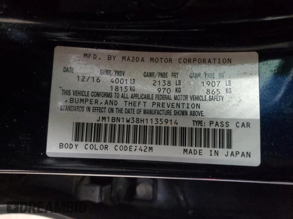 2017 Mazda 3 Grand Touring z VIN JM1BN1W38H1135914, wystawiony jako Copart lot #44387165 z przebiegiem Nie podano mil oraz Nie do naprawy • Non repairable. Historia ofert i sprzedaży dostępna na DreamBid. Obrazek 13.