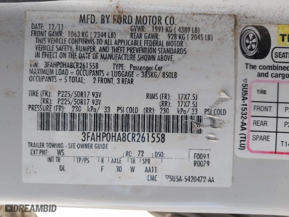 2012 Ford Fusion SE with VIN 3FAHP0HA8CR261558, listed as a IAAI auction lot 41815881 with 125,827 mi miles. Bid and sale history available at carsss.com. Image 9.