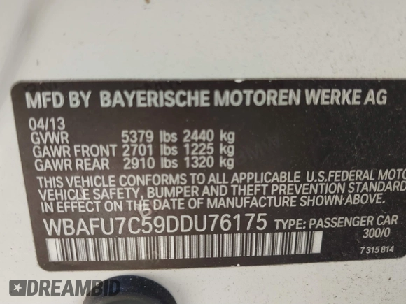 2013 BMW 5 Series 535i xDrive z VIN WBAFU7C59DDU76175, wystawiony jako IAAI lot #41433212 z przebiegiem 108 175 mil mil oraz . Historia ofert i sprzedaży dostępna na DreamBid. Obrazek 9.