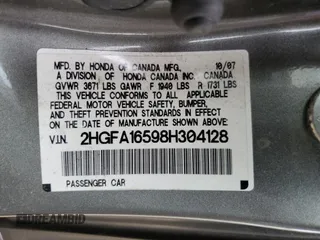 2008 Honda Civic LX z VIN 2HGFA16598H304128, wystawiony jako Copart lot #57183015 z przebiegiem 191 601 mil mil oraz Szkoda całkowita • Salvage title. Historia ofert i sprzedaży dostępna na DreamBid. Obrazek 13.
