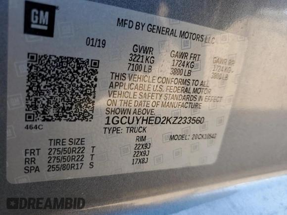 2019 Chevrolet Silverado 1500 High Country with VIN 1GCUYHED2KZ233560, listed as a Copart auction lot 49994275 with 0 mi miles and Salvage Title. Bid and sale history available at carsss.com. Image 12.