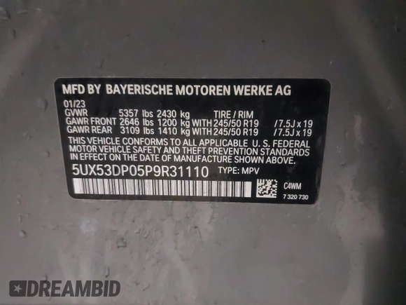 2023 BMW X3 xDrive30i with VIN 5UX53DP05P9R31110, listed as a IAAI auction lot 41663374 with 21,248 mi miles and . Bid and sale history available at DreamBid. Image 9.