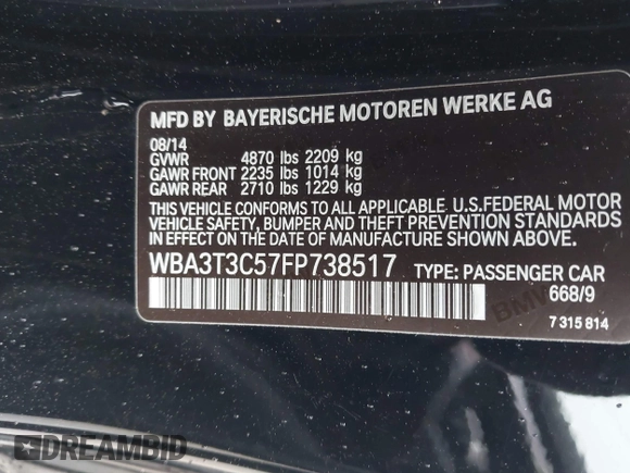 2015 BMW 4 Series 435i with VIN WBA3T3C57FP738517, listed as a IAAI auction lot 41975696 with 61,140 mi miles and . Bid and sale history available at carsss.com. Image 9.