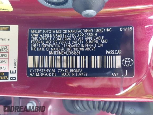 2018 Toyota C-HR XLE with VIN NMTKHMBX0JR058660, listed as a IAAI auction lot 41929790 with 136,358 mi miles. Bid and sale history available at carsss.com. Image 9.