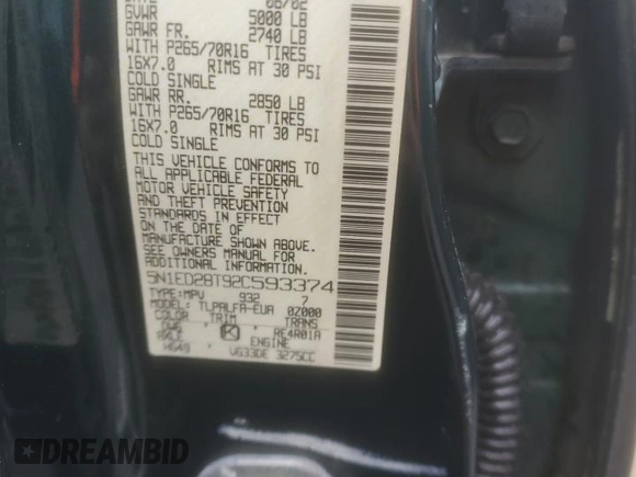 2002 Nissan Xterra XE z VIN 5N1ED28T92C593374, wystawiony jako Copart lot #55596945 z przebiegiem 221 160 mil mil oraz Szkoda całkowita • Salvage title. Historia ofert i sprzedaży dostępna na DreamBid. Obrazek 13.