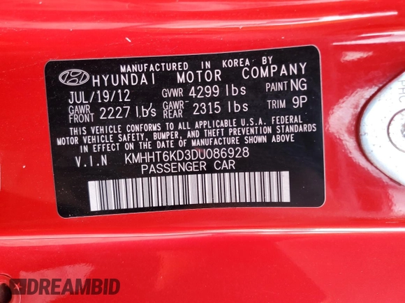 2013 Hyundai Genesis Coupe Premium z VIN KMHHT6KD3DU086928, wystawiony jako Copart lot #55731185 z przebiegiem 101 092 mil mil oraz Szkody całkowita. Historia ofert i sprzedaży dostępna na DreamBid. Obrazek 12.