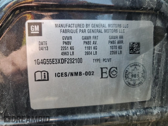 2013 Buick LaCrosse with VIN 1G4G55E3XDF282100, listed as a Copart auction lot 60088945 with 64,649 mi miles and Salvage title. Bid and sale history available at DreamBid. Image 12.