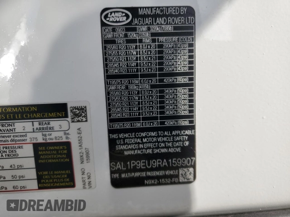 2024 Land Rover Range Rover Sport SE z VIN SAL1P9EU9RA159907, wystawiony jako Copart lot #51168185 z przebiegiem 23 021 mil mil oraz Szkoda całkowita • Salvage title. Historia ofert i sprzedaży dostępna na DreamBid. Obrazek 14.