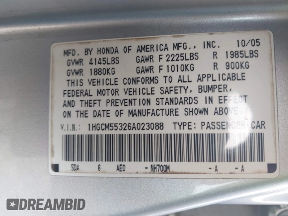2006 Honda Accord LX SE with VIN 1HGCM55326A023088, listed as a IAAI auction lot 41955138 with 178,078 mi miles and . Bid and sale history available at DreamBid. Image 9.