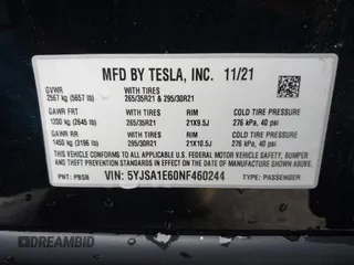 2022 Tesla Model S Plaid with VIN 5YJSA1E60NF460244, listed as a IAAI auction lot 41996403 with Not provided miles and . Bid and sale history available at DreamBid. Image 9.