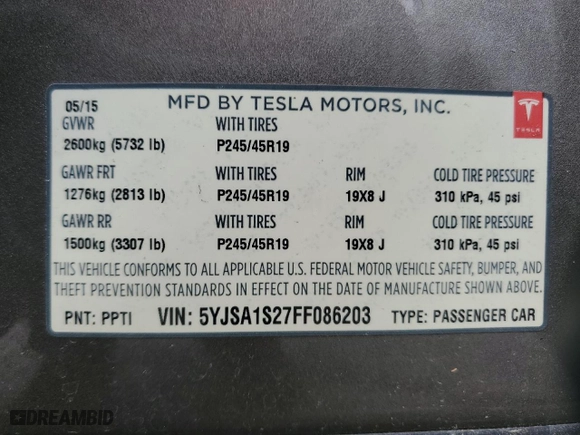 2015 Tesla Model S 85D with VIN 5YJSA1S27FF086203, listed as a Copart auction lot 48760445 with 111221 miles and Salvage Title. Bid and sale history available at carsss.com. Image 12.