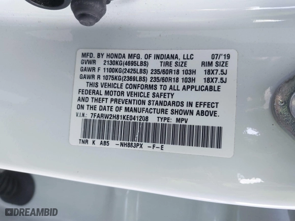 2019 Honda CR-V EX-L with VIN 7FARW2H81KE041208, listed as a IAAI auction lot 41530984 with 148,218 mi miles. Bid and sale history available at carsss.com. Image 9.