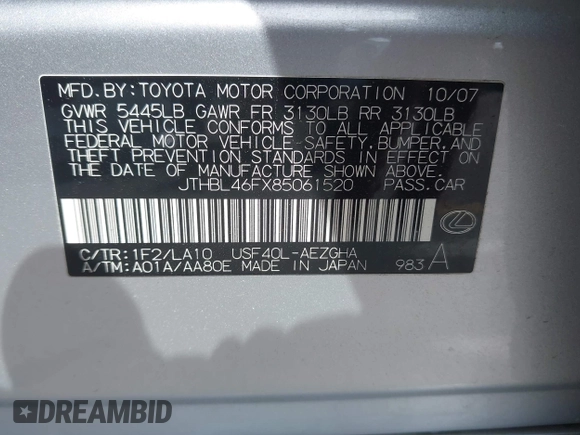 2008 Lexus LS 460 with VIN JTHBL46FX85061520, listed as a IAAI auction lot 42081510 with 225,026 mi miles and . Bid and sale history available at DreamBid. Image 9.
