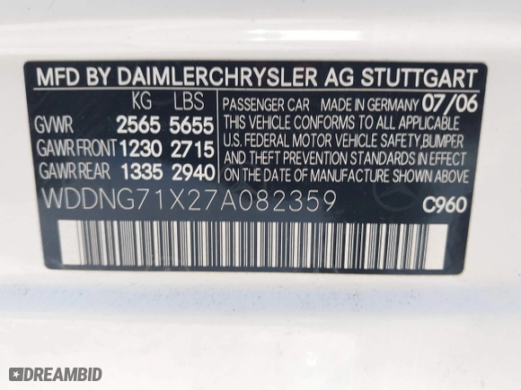 2007 Mercedes-Benz S-Class 5.5L V8 with VIN WDDNG71X27A082359, listed as a IAAI auction lot 42006249 with 90,527 mi miles. Bid and sale history available at carsss.com. Image 9.