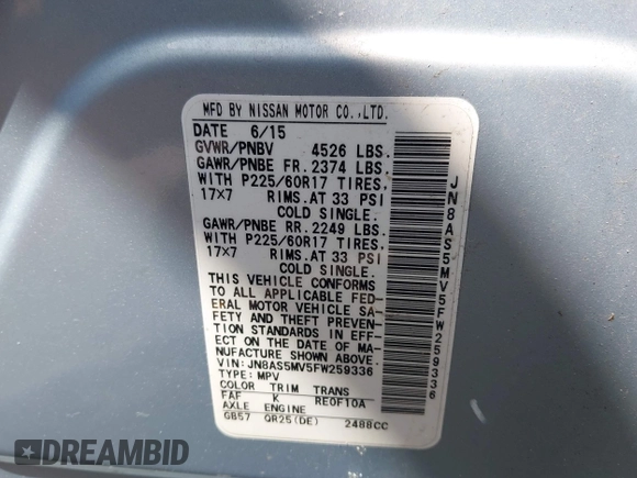 2015 Nissan Rogue S with VIN JN8AS5MV5FW259336, listed as a IAAI auction lot 42101729 with 69,780 mi miles and . Bid and sale history available at DreamBid. Image 9.