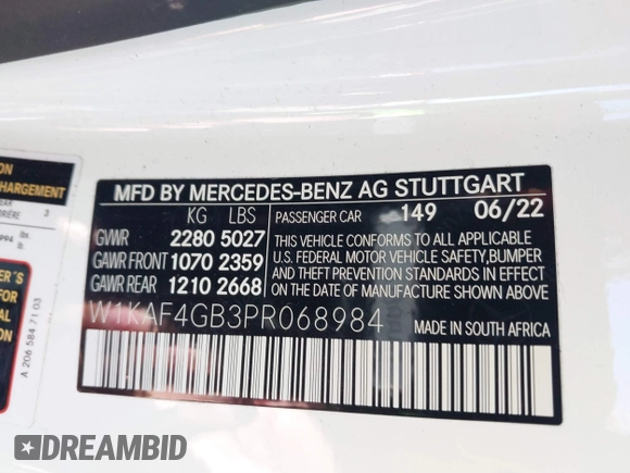 2023 Mercedes-Benz C 300 with VIN W1KAF4GB3PR068984, listed as a IAAI auction lot 40927793 with 23,250 mi miles and . Bid and sale history available at DreamBid. Image 9.