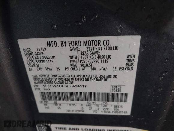 2014 Ford F-150 XL with VIN 1FTFW1CF3EFA24117, listed as a IAAI auction lot 42205670 with 193,653 mi miles and . Bid and sale history available at DreamBid. Image 9.