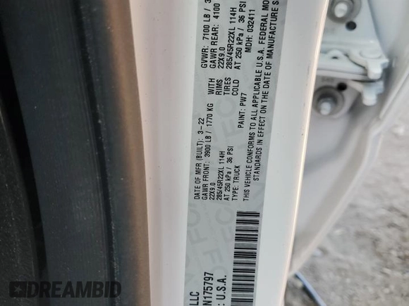2022 Ram 1500 Limited with VIN 1C6SRFHT7NN175797, listed as a Copart auction lot 61062945 with 30,490 mi miles and Salvage title. Bid and sale history available at DreamBid. Image 12.