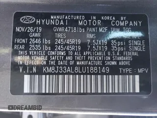 2020 Hyundai Tucson Limited z VIN KM8J33AL8LU188149, wystawiony jako Copart lot #46027755 z przebiegiem 36 849 mil mil oraz Nie do naprawy • Non repairable. Historia ofert i sprzedaży dostępna na DreamBid. Obrazek 14.