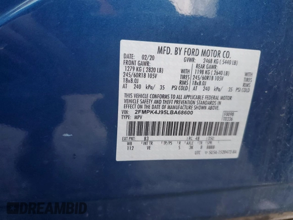 2020 Ford Edge SEL with VIN 2FMPK4J95LBA68600, listed as a Copart auction lot 51328365 with 59,841 mi miles and Salvage Title. Bid and sale history available at carsss.com. Image 15.