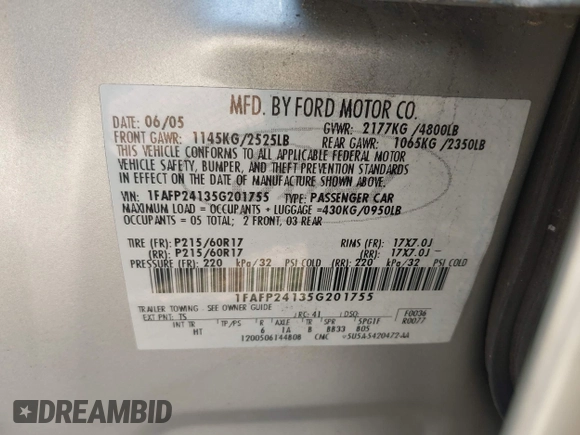 2005 Ford Five Hundred SEL с VIN 1FAFP24135G201755, выставлен на аукционе IAAI как лот 42063527 с пробегом 142 787 миль миль и . История ставок и продаж доступна на DreamBid. Изображение 9.