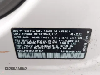 2013 Volkswagen Passat S with VIN 1VWAP7A32DC032497, listed as a IAAI auction lot 41928869 with 215,220 mi miles and . Bid and sale history available at DreamBid. Image 9.