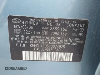 2007 Hyundai Elantra GLS with VIN KMHDU46D57U074925, listed as a IAAI auction lot 42229958 with 207,766 mi miles and . Bid and sale history available at DreamBid. Image 9.