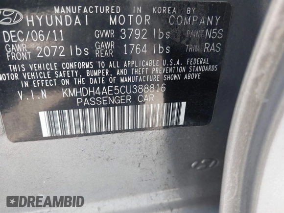 2012 Hyundai Elantra Limited with VIN KMHDH4AE5CU388816, listed as a IAAI auction lot 41817870 with 136,547 mi miles. Bid and sale history available at carsss.com. Image 9.
