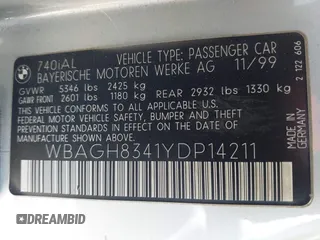 2000 BMW 7 Series 740iL with VIN WBAGH8341YDP14211, listed as a IAAI auction lot 42671152 with 247,472 mi miles and . Bid and sale history available at DreamBid. Image 9.