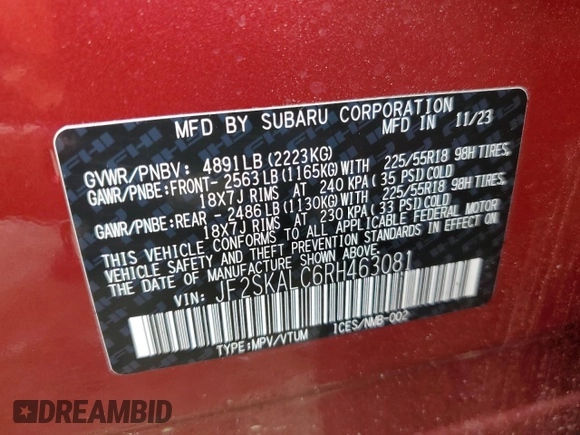2024 Subaru Forester Limited with VIN JF2SKALC6RH463081, listed as a Copart auction lot 60777775 with 8,704 mi miles and Salvage title. Bid and sale history available at DreamBid. Image 14.