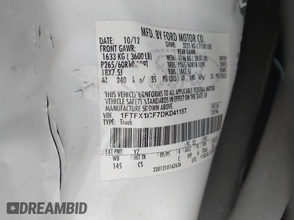 2013 Ford F-150 XL with VIN 1FTFX1CF7DKD41157, listed as a IAAI auction lot 42524583 with 254,367 mi miles and . Bid and sale history available at DreamBid. Image 8.