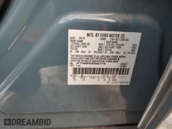 2022 Ford Maverick XL with VIN 3FTTW8F92NRA07118, listed as a Copart auction lot 82845504 with 16,982 mi miles and Non Repairable. Bid and sale history available at DreamBid. Image 12.