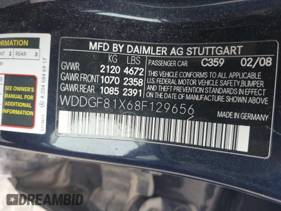 2008 Mercedes-Benz C 300 Sport with VIN WDDGF81X68F129656, listed as a IAAI auction lot 42528727 with 212,517 mi miles and . Bid and sale history available at DreamBid. Image 9.