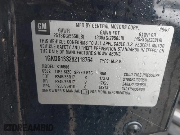 2008 GMC Envoy SLE1 with VIN 1GKDS13S282118764, listed as a IAAI auction lot 41285146 with 109,603 mi miles and . Bid and sale history available at DreamBid. Image 9.