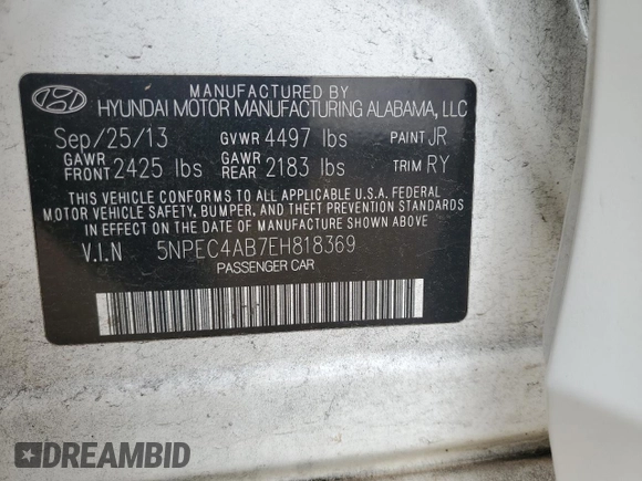 2014 Hyundai Sonata Limited with VIN 5NPEC4AB7EH818369, listed as a Copart auction lot 48346525 with 139,255 mi miles and Salvage Title. Bid and sale history available at DreamBid. Image 14.